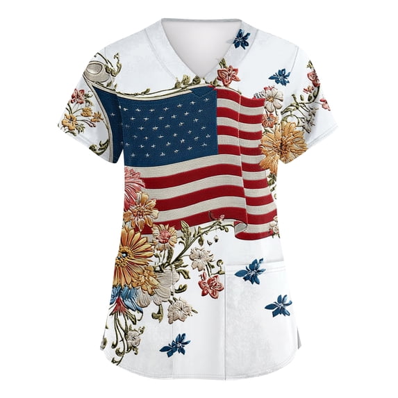 US 250th Anniversary Scrubs Tops for Women US Flag and Flower Printed Plus Size Scrubs Short Sleeve V-Neck Working Uniform 4th of July Scrub Tops with Pockets