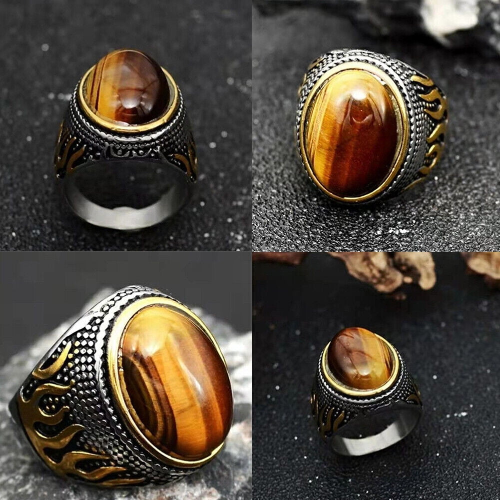 US 2Pc Mens Stainless Steel Gold Plated Oval Tiger Eye Stone Ring
