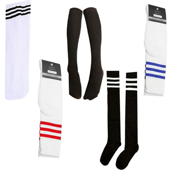 US 5 Pairs 13.7 Inch Striped Tube Socks Non-Slip Ribbed Cuffs Knee High Socks