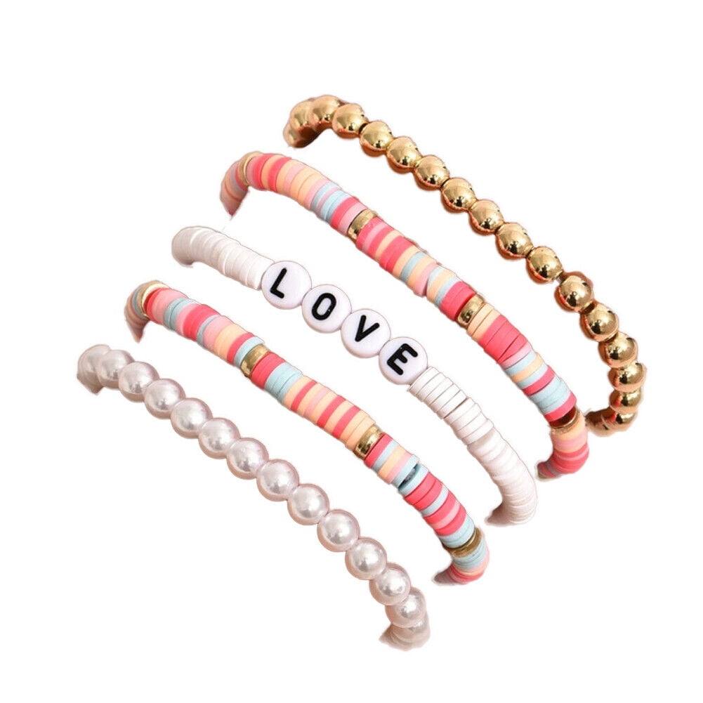 Bohemian Love Beaded Bracelets - Colorful Polymer Clay Stretch Bracelets For Women, Stackable, Medium Size
