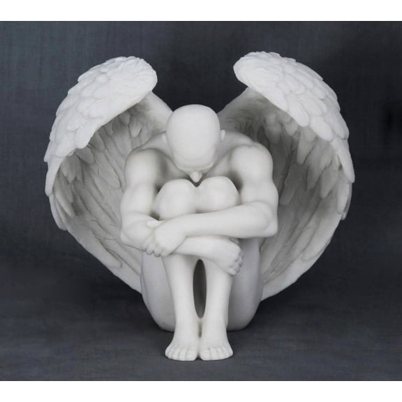 US 5.88 Inch Winged Nude Male Sitting with Arms Holding Over Knees, White