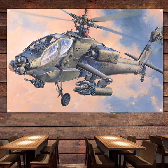US AH-64A Apache Attack Helicopter Banner Wall Art - 38" x 57" Aviation Military Artwork with Attack Aircraft Poster Wall Charts - Print Art Flag Tapestry For Room Bar Garage Man Cave Decor