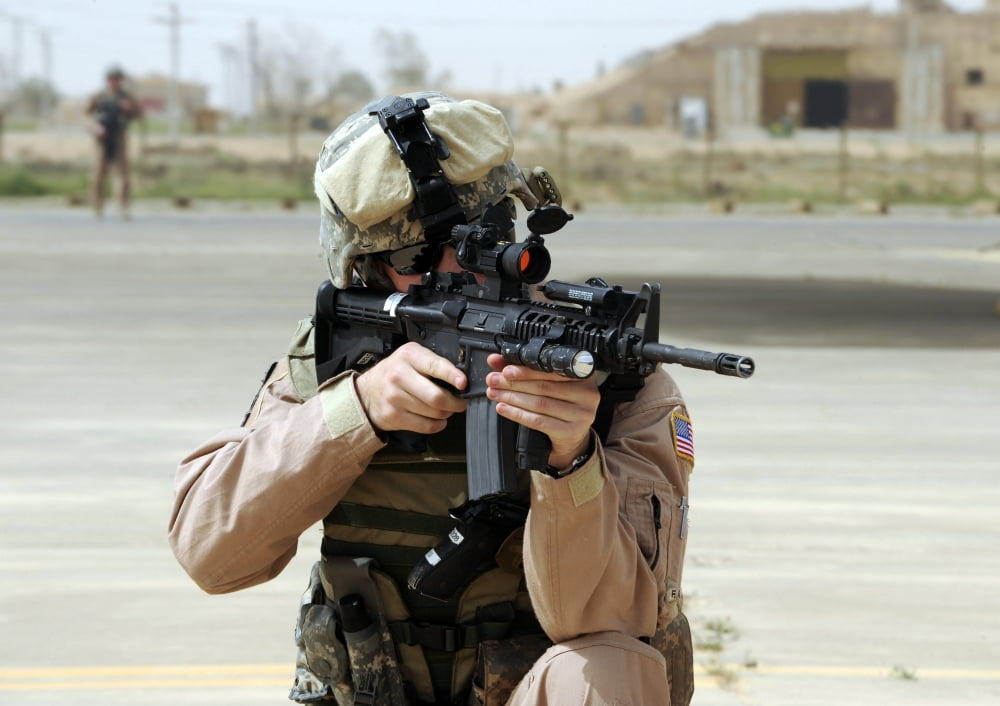 US Air Force Airman conducts security at an airbase in Iraq Canvas Art - Stocktrek Images (34 x 24)