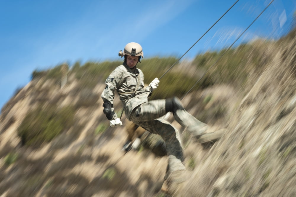 US Air Force Airman practices rappelling during a field exercise Canvas Art - Stocktrek Images (35 x 23)
