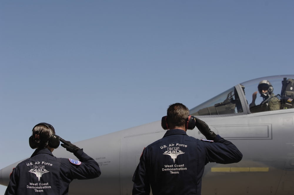 US Air Force Airmen salute the Captain of an aircraft Canvas Art - Stocktrek Images (34 x 23)