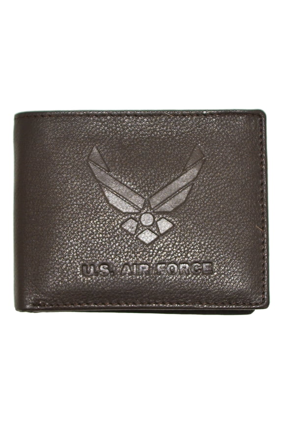 US Air Force Embossed Logo Brown Genuine RFID Protection Leather Bifold Wallet