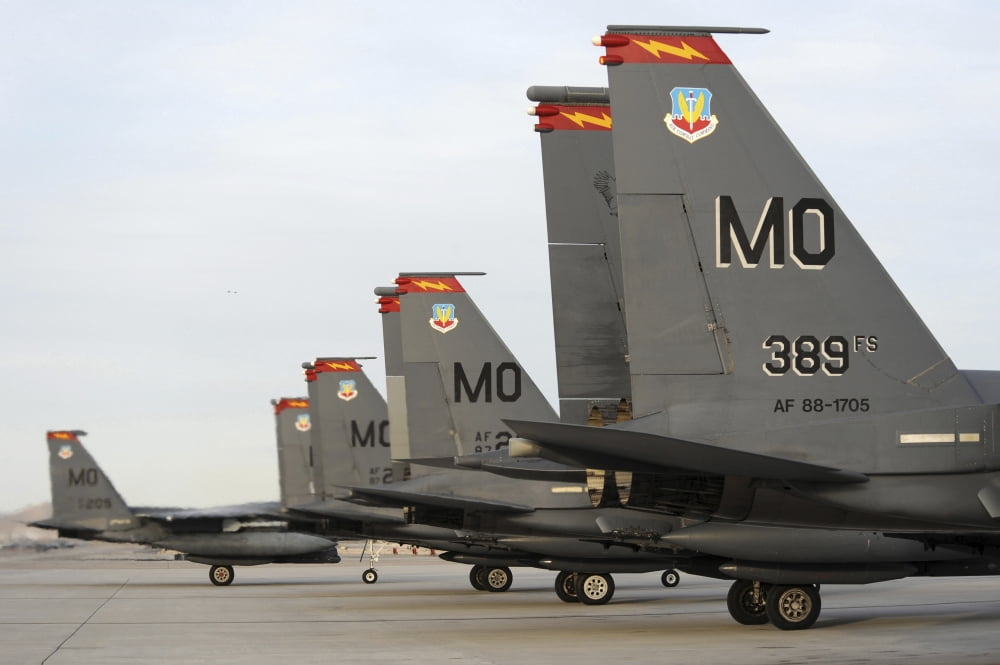 US Air Force F-15E Strike Eagles taxi in after arriving to Nellis Air Force Base Nevada Canvas Art - Stocktrek Images (34 x 23)