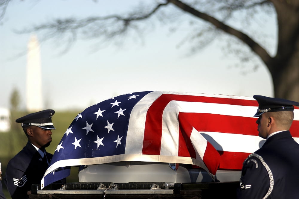 US Air Force Honor Guardsmen transfer a casket from the caisson to the grave site Canvas Art - Stocktrek Images (34 x 23)