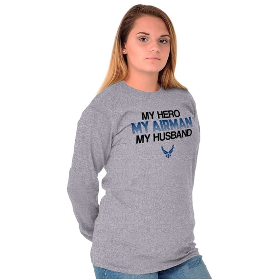 US Air Force My Hero Airman Husband Women Plus Size Long Sleeve Graphic Tee Brisco Brands 2X