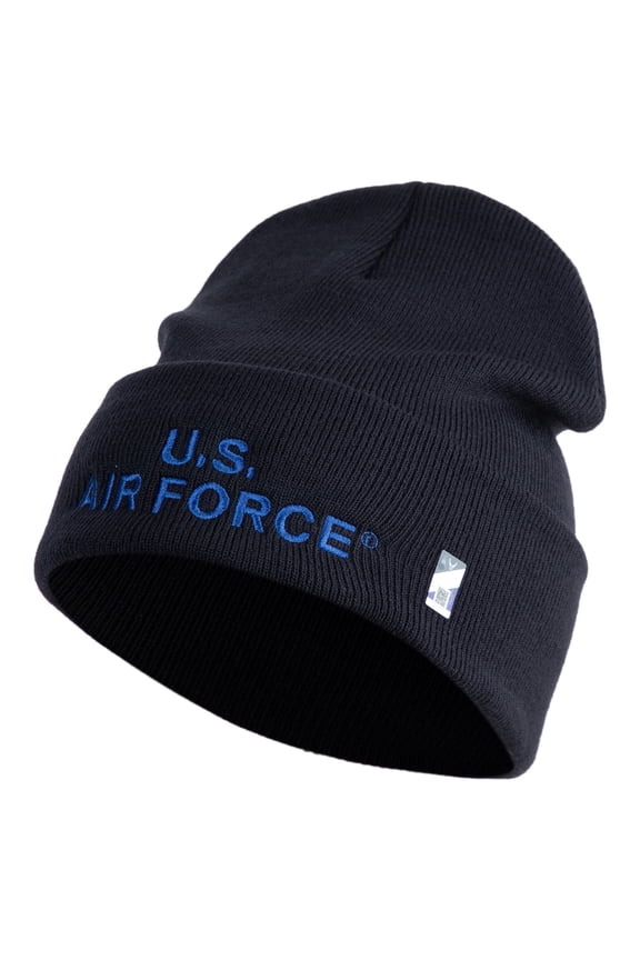 US Air Force Navy Letter Logo Embroidered 12 Inch Solid Knit Cuff Long Beanie Made in USA - Navy OSFM