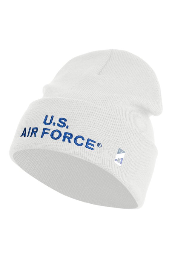 US Air Force Navy Letter Logo Embroidered 12 Inch Solid Knit Cuff Long Beanie Made in USA - White OSFM