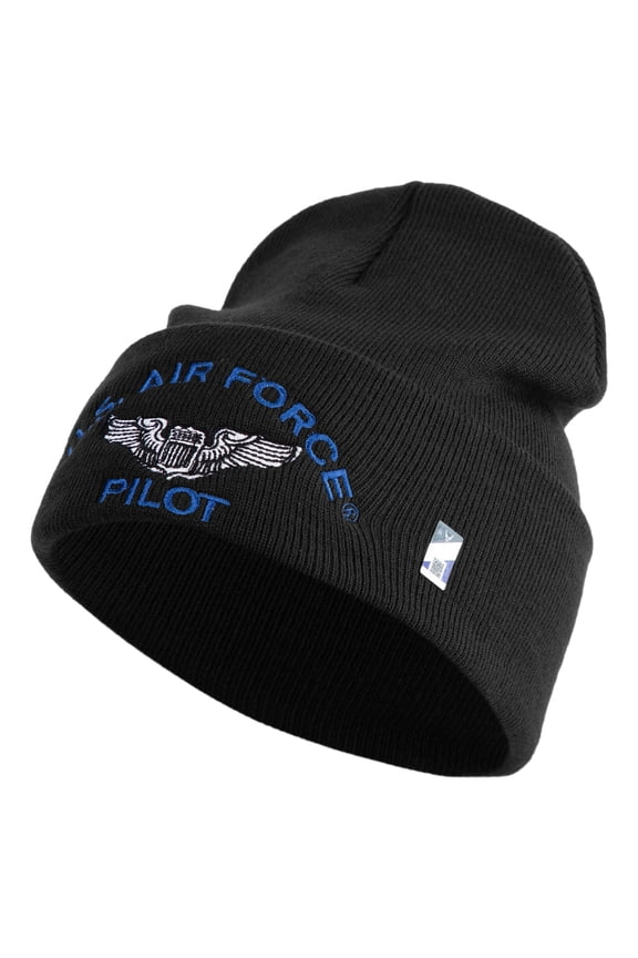 US Air Force Pilot Logo Embroidered 12 Inch Solid Knit Cuff Long Beanie Made in USA - Black OSFM