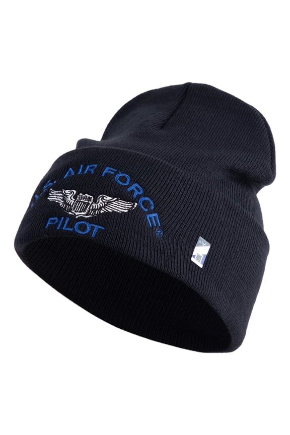 US Air Force Pilot Logo Embroidered 12 Inch Solid Knit Cuff Long Beanie Made in USA - Navy OSFM