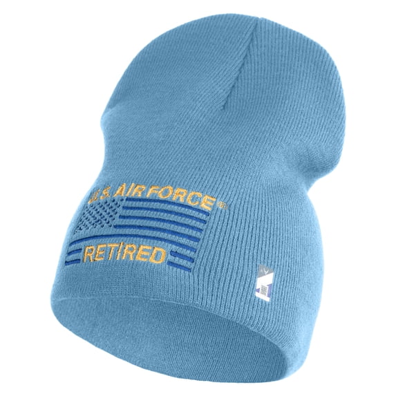 US Air Force Retired with Flag Symbol Embroidered 8 Inch Solid Knit Short Beanie Made in USA - Carolina Blue OSFM