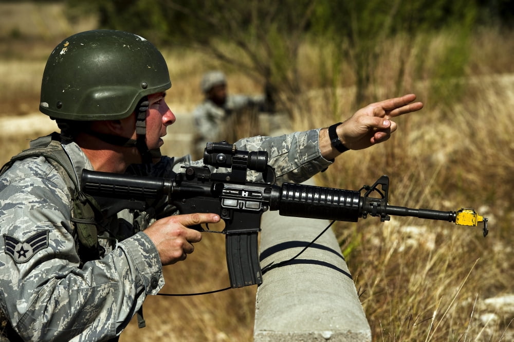 US Air Force Senior Airman provides support during urban operations training Canvas Art - Stocktrek Images (34 x 23)