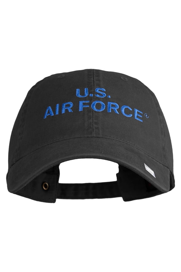 US Air Force Text Embroidered Washed Solid Pigment Dyed Cotton Twill Brass Buckle Cap - Black OSFM