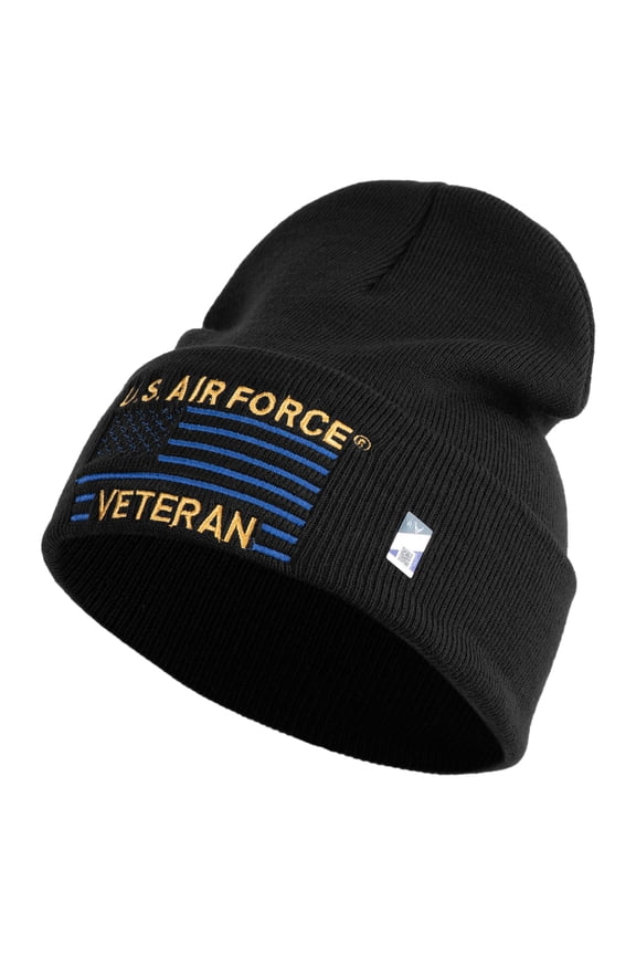 US Air Force Veteran with Flag Logo Embroidered 12 Inch Solid Knit Cuff Long Beanie Made in USA - Black OSFM