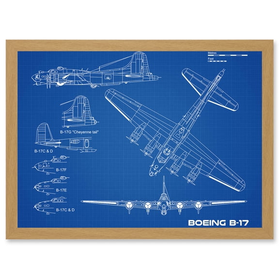 US Airforce Boeing B-17 Flying Fortress Plane Blueprint Plan Artwork Framed Wall Art Print A4