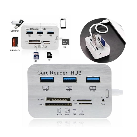 US Aluminum 3 Port USB 3.0 Hub MS SD M2 TF Multi-In-1 Memory Card Reader Adapter