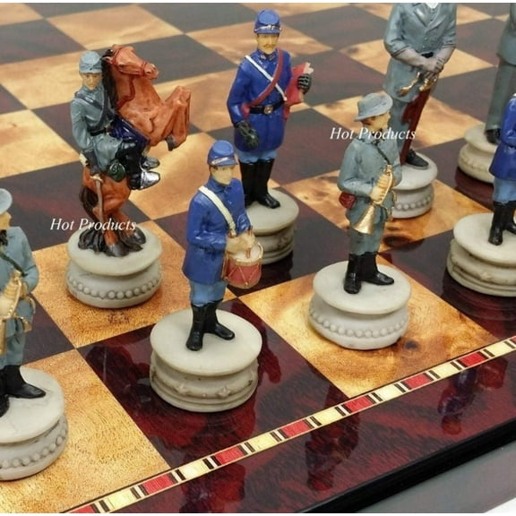 US American Civil War Generals Painted Chess Set W/ 18" Cherry Color Board
