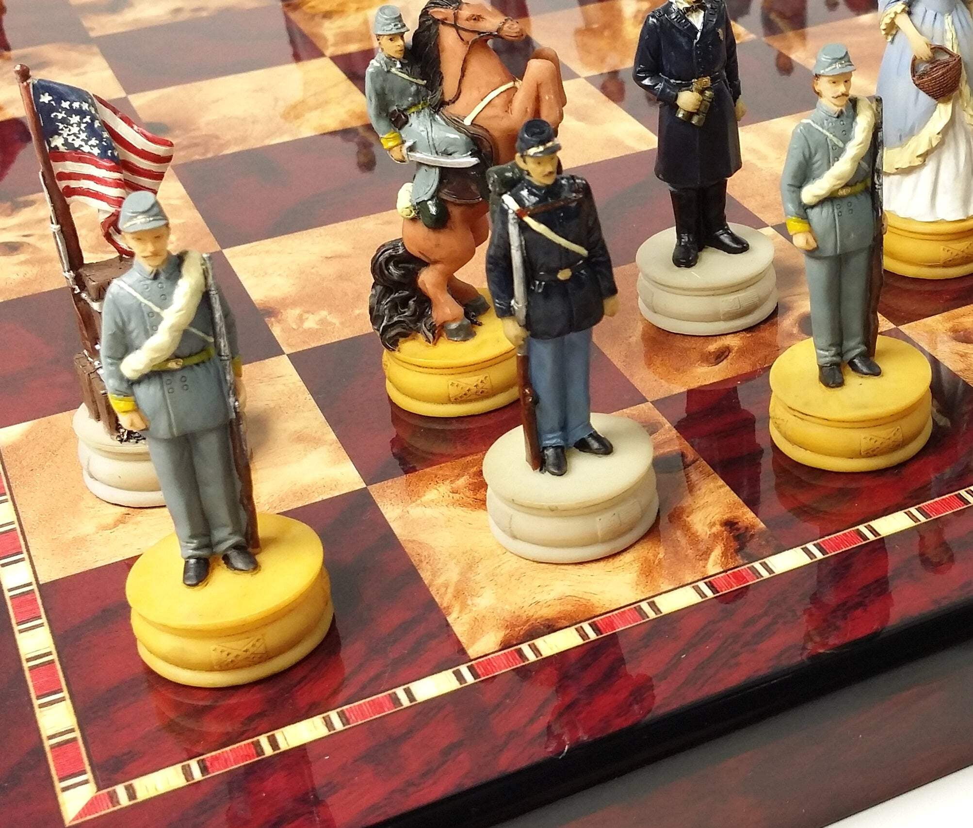 US American Civil War Queens Chess Set W 18" Cherry  Burlwood Color Board