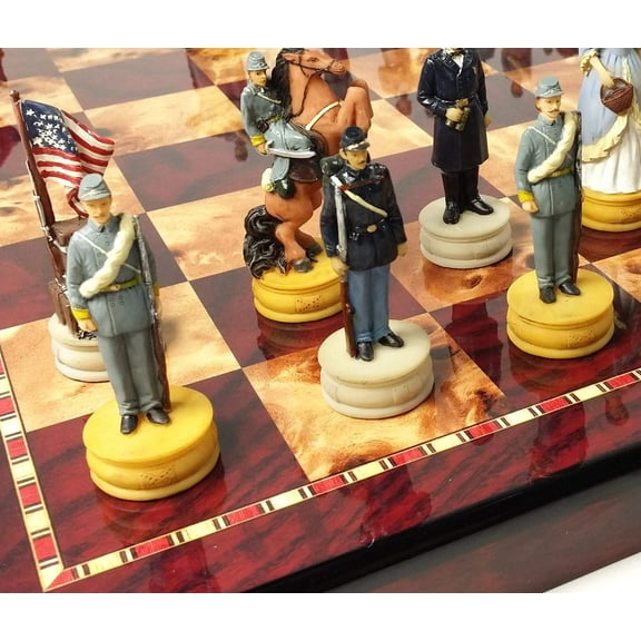 US American Civil War Queens Chess Set W 18" Cherry  Burlwood Color Board