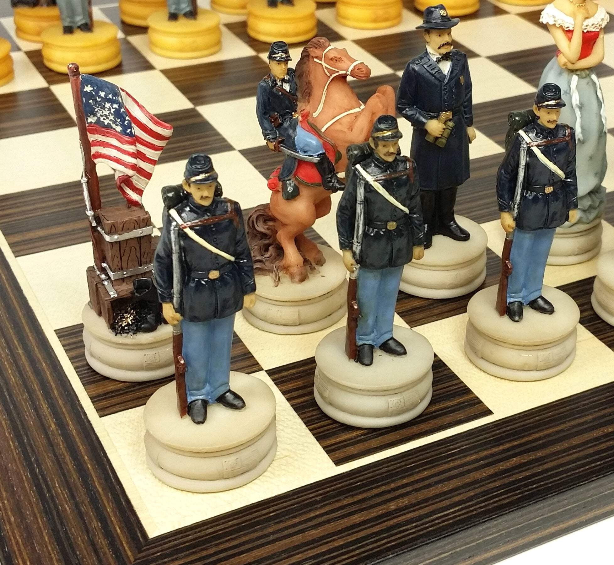 US American Civil War Wife Queens Chess set W 14" Ebony Black  Maple Wood Board
