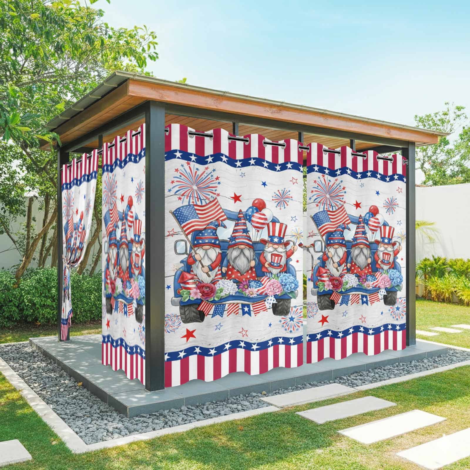 US Anniversary Outdoor Curtains for Patio, Independence Day Gnomes Blue Truck Board Sunshade Privacy Drapes Grommet Waterproof Outside Curtains for Porch/Cabana/Balcony 54"x 108", 1 Panel
