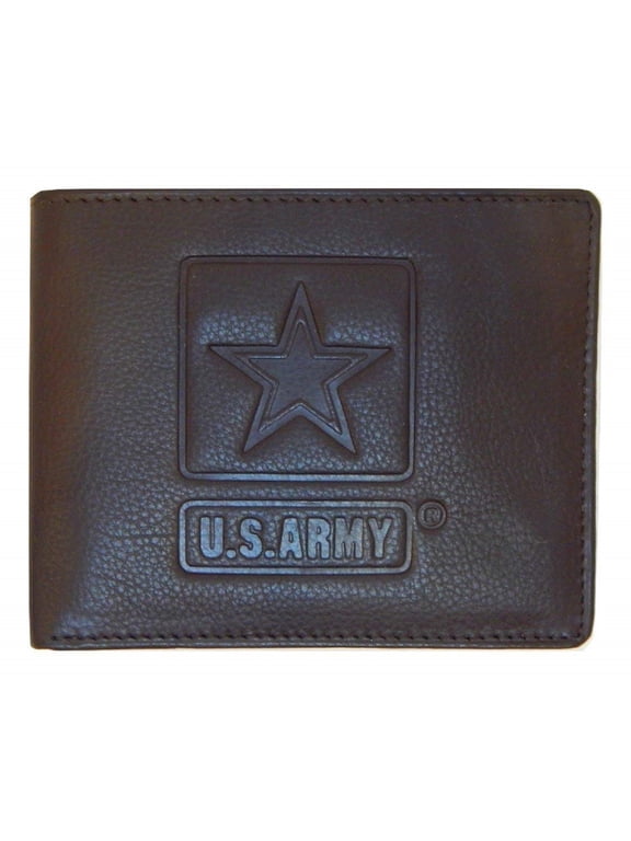 US Armed Forces (Army, Marine, Air Force, Navy) Collection Men Genuine Leather RFID Wallet - Gift Box (Army Bi-Fold, Brown)