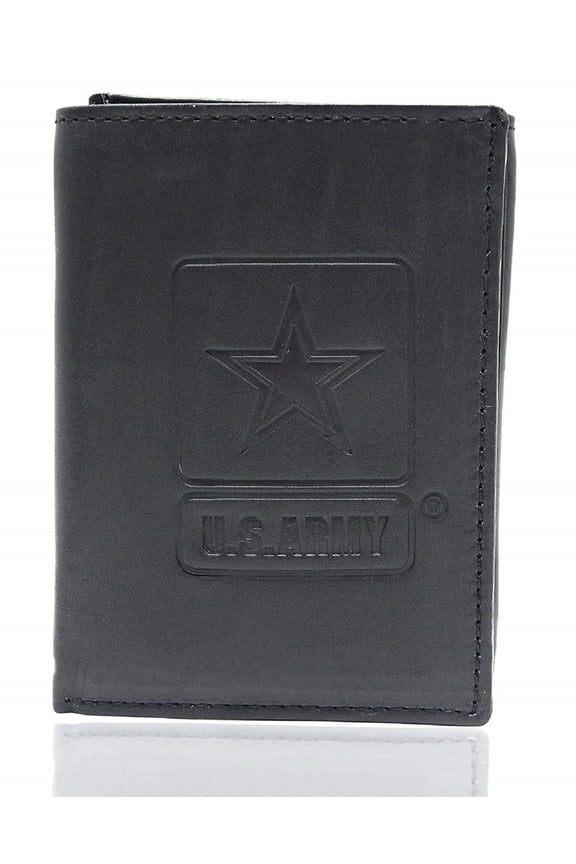 US Armed Forces (Army, Marine, Air Force, Navy) Collection Men Genuine Leather RFID Wallet - Gift Box (Army Tri-Fold, Black)