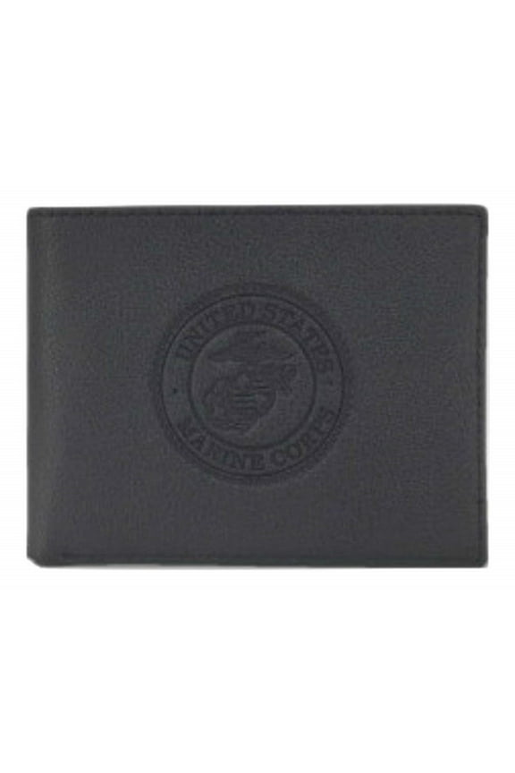 US Armed Forces (Army, Marine, Air Force, Navy) Collection Men Genuine Leather RFID Wallet - Gift Box (Marines Bi-Fold Black)