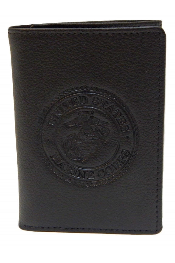 US Armed Forces (Army, Marine, Air Force, Navy) Collection Men Genuine Leather RFID Wallet - Gift Box (Marines Trifold, Black)