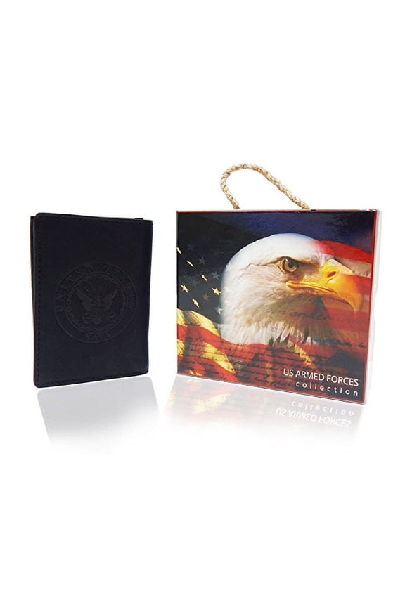 US Armed Forces (Army, Marine, Air Force, Navy) Collection Men Genuine Leather RFID Wallet - Gift Box (US Navy Trifold (Black)