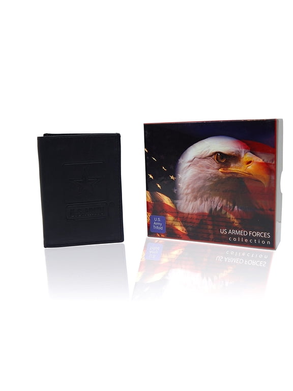US Armed Forces Collection Adult Men's Genuine Leather RFID Wallets - Gift Boxed Bi-Fold and Tri-Fold Leather Wallets (US Army Trifold (Black)