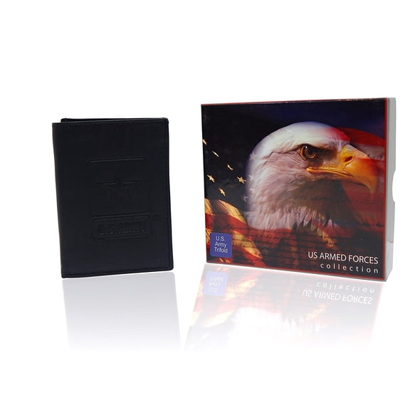 US Armed Forces Collection Adult Men's Genuine Leather RFID Wallets - Gift Boxed Bi-Fold and Tri-Fold Leather Wallets (US Army Trifold (Black)