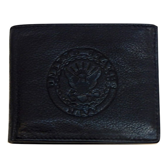 US Armed Forces Collection Men Genuine Leather RFID Wallet - Gift Box (US Navy Bi-Fold, Black)