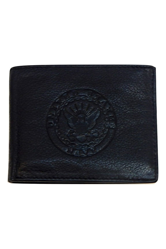 US Armed Forces Collection Men Genuine Leather RFID Wallet - Gift Box (US Navy Bi-Fold, Black)