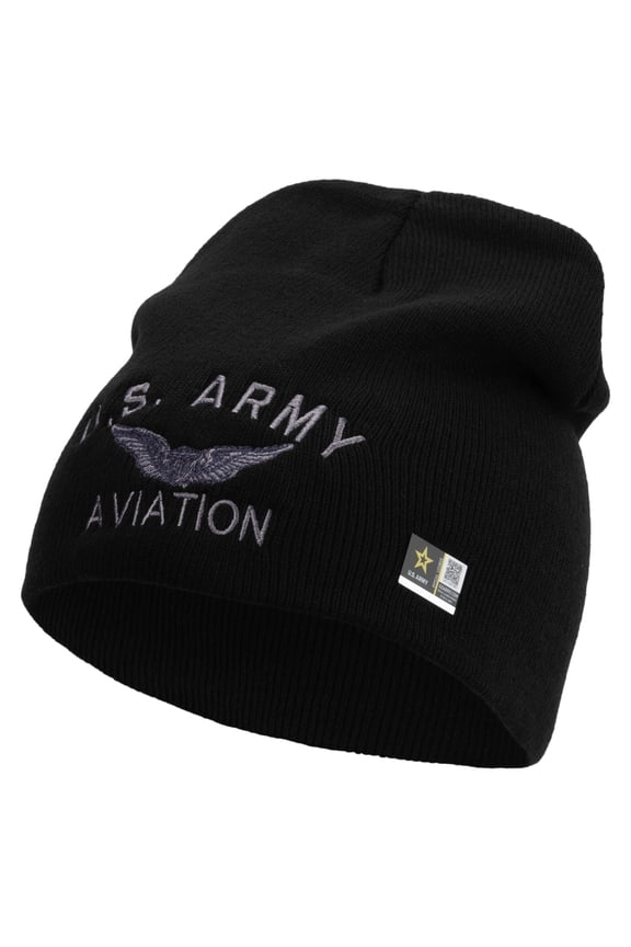 US Army Aviation Embroidered 8 Inch Knitted Short Beanie - Black OSFM