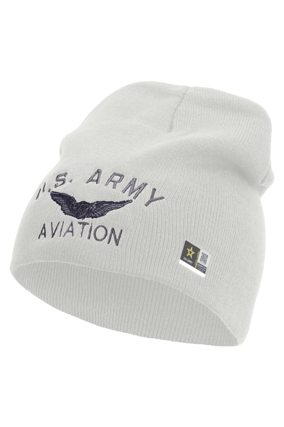 US Army Aviation Embroidered 8 Inch Knitted Short Beanie - White OSFM