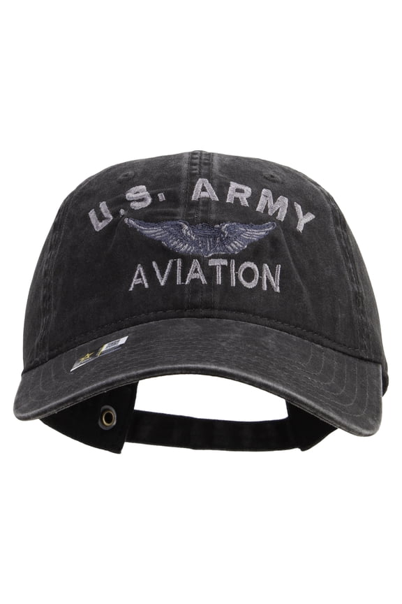 US Army Aviation Embroidered Washed Solid Pigment Dyed Cotton Twill Brass Buckle Cap - Black OSFM
