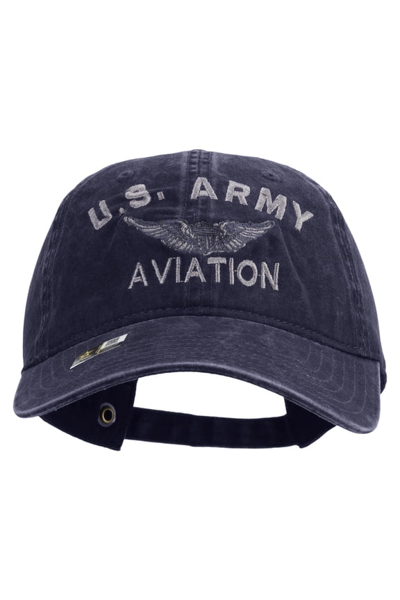 US Army Aviation Embroidered Washed Solid Pigment Dyed Cotton Twill Brass Buckle Cap - Navy OSFM
