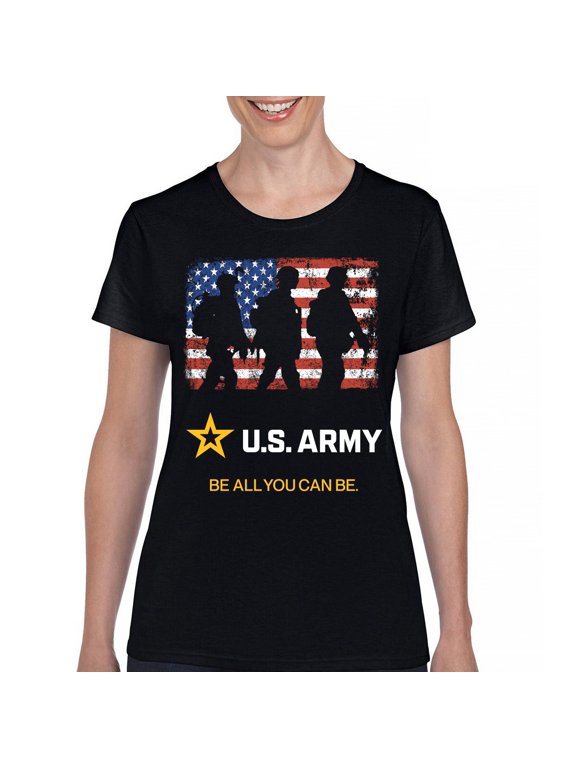 US Army Be All You Can Be T-Shirt American Flag Military Veteran DD 214 Patriotic Armed Forces Licensed Women's Tee