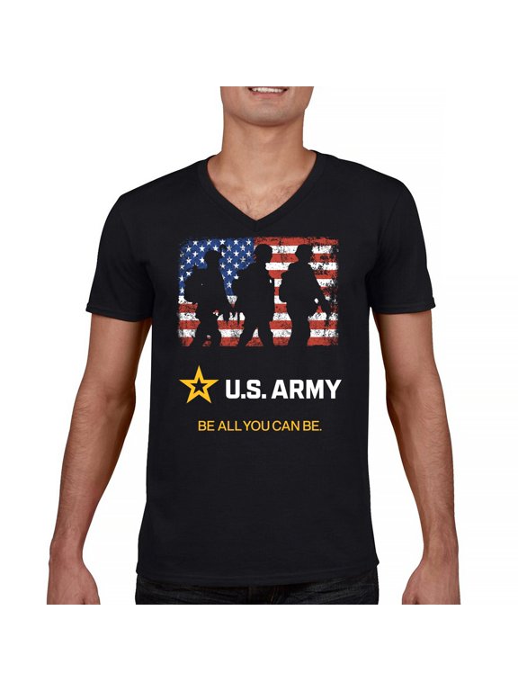 US Army Be All You Can Be V-Neck T-shirt American Flag Military Veteran DD 214 Patriotic Armed Forces Licensed Tee