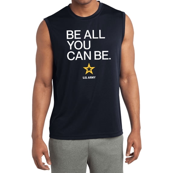 US Army Be All You Can Be White Print Sleeveless Moisture Wicking Shirt, Large Navy