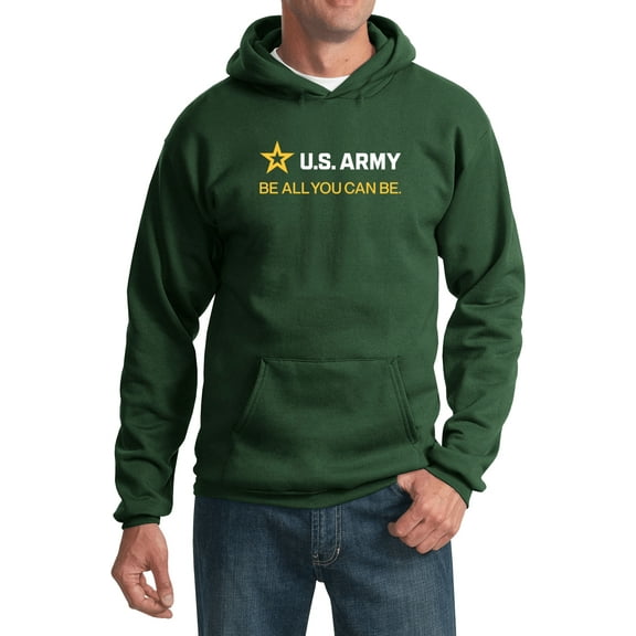 US Army Be All You Can Be White and Gold Strip Pullover Hoodie, Medium Dark Green