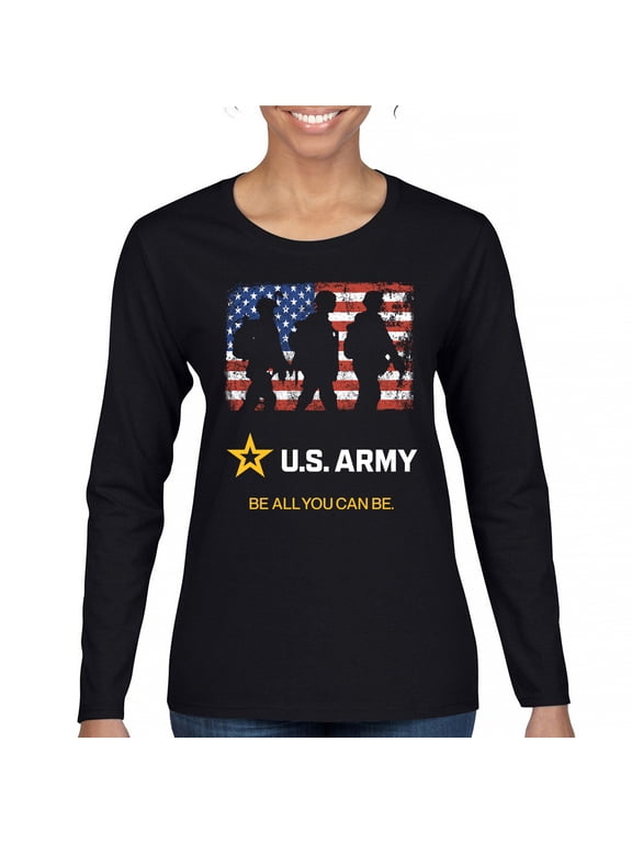 US Army Be All You Can Be Women's Long Sleeve T-shirt American Flag Military Veteran DD 214 Patriotic Armed Forces Licensed