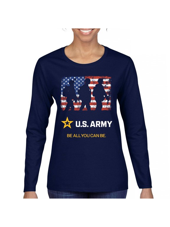 US Army Be All You Can Be Women's Long Sleeve T-shirt American Flag Military Veteran DD 214 Patriotic Armed Forces Licensed