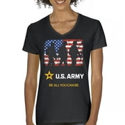 US Army Be All You Can Be Womens V-Neck T-shirt American Flag Military Veteran DD 214 Patriotic Armed Forces Licensed Tee