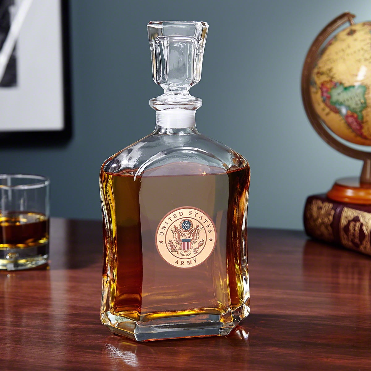 US Army Clear Glass Whiskey Decanter with Metal Crest