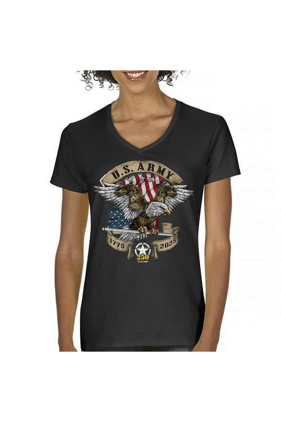 US Army Eagle Women's V-Neck T-shirt 250 Years Anniversary American Veteran DD 214